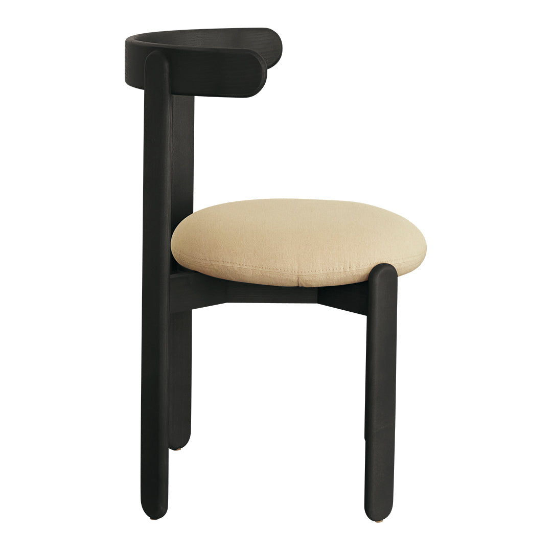 Stylish black wooden chair with a cream upholstered seat and a unique curved backrest design. Perfect for modern decor.