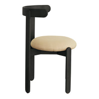 Stylish black wooden chair with a cream upholstered seat and a unique curved backrest design. Perfect for modern decor.