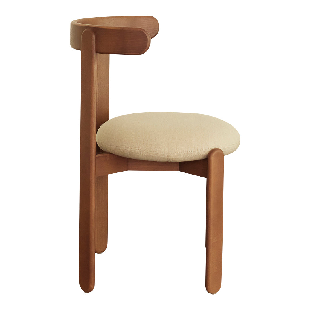 "Light beige upholstered seat with warm wood frame, featuring a minimalist design and smooth, curved lines."