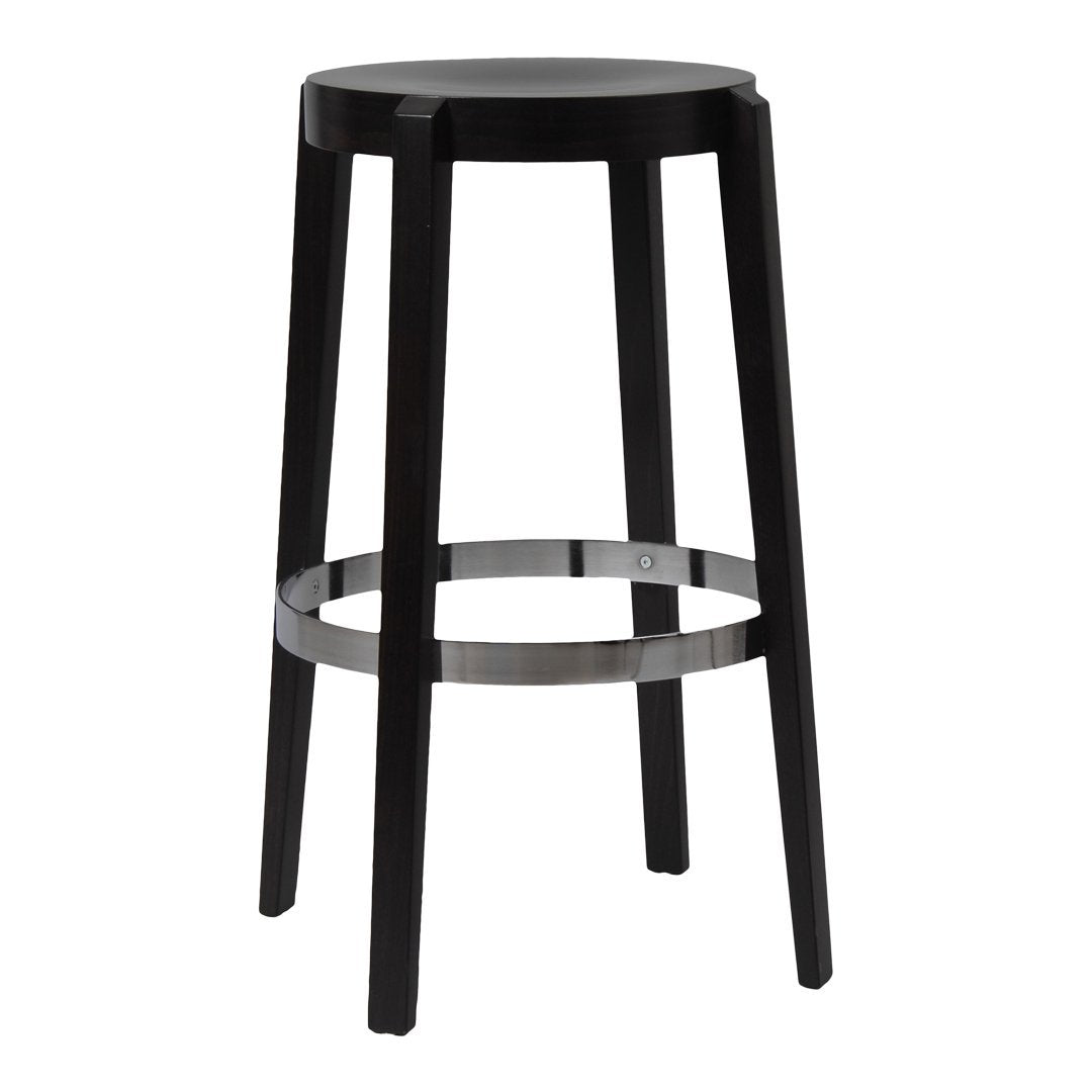 Black wooden bar stool with a smooth top and sleek metallic footrest, showcasing a minimalist design.