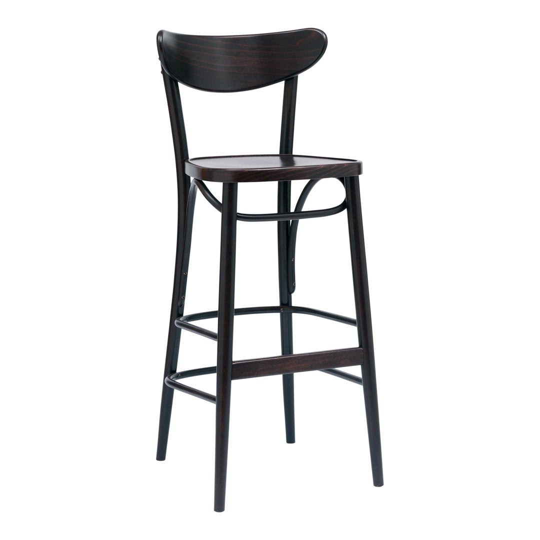 Dark wood bar stool with simple, minimalist design and smooth, curved backrest. Ideal for modern spaces.