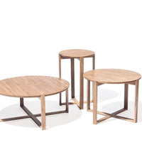 Natural wood finish with sleek metal accents; geometric patterns in three round tables. Ideal for modern decor.