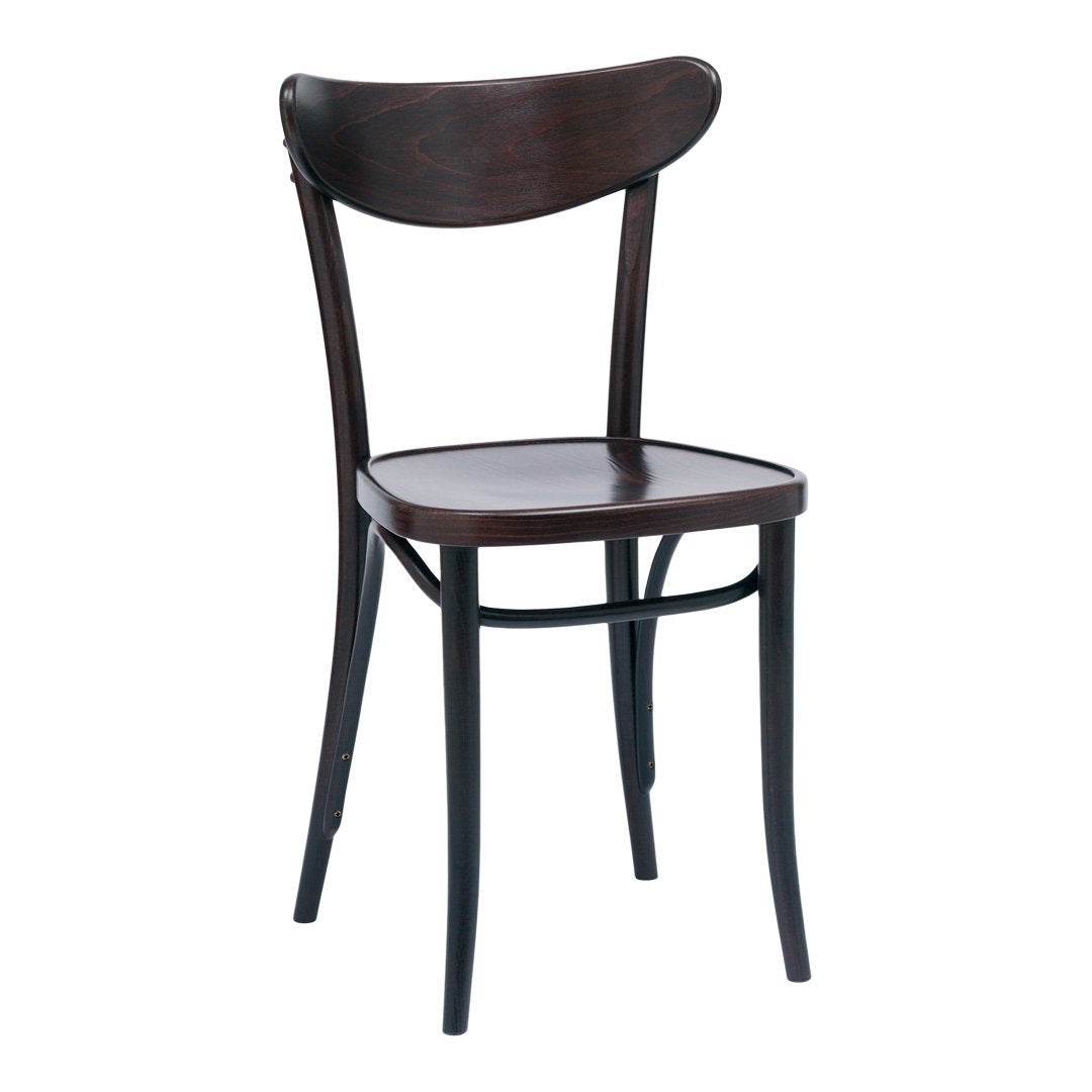 Walnut-colored wooden chair with a smooth finish and curved backrest design. Classic and minimalistic style.