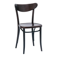 Walnut-colored wooden chair with a smooth finish and curved backrest design. Classic and minimalistic style.