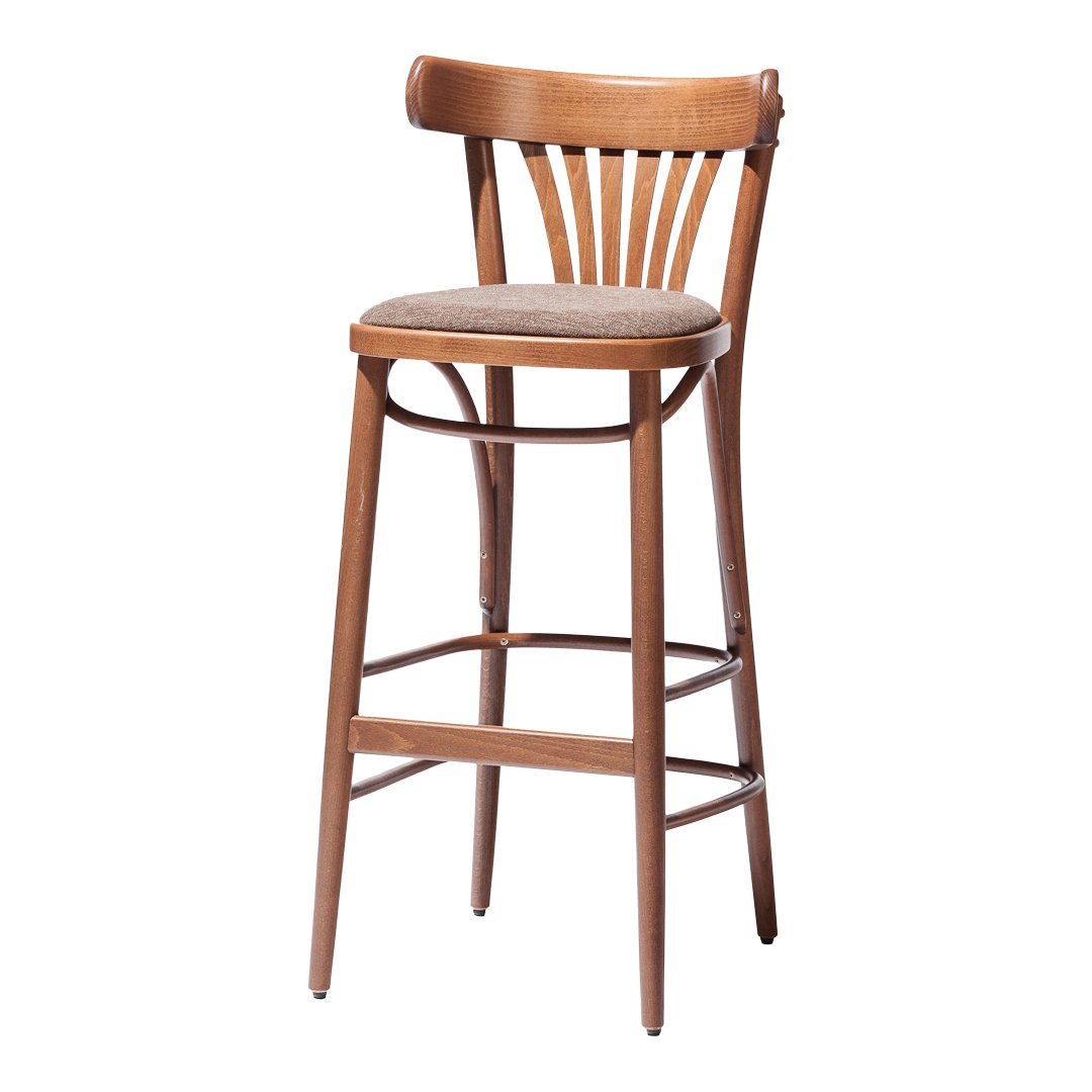 Light wood bar stool with a sleek, curved back and a beige upholstered seat, featuring vertical slat patterns.