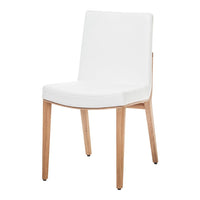 White modern chair with a clean, minimalist design and natural wood legs. Perfect for contemporary decor.