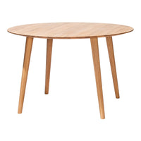 Natural wood round table with a light finish and smooth surface, featuring tapered wooden legs. Perfect for modern decor.