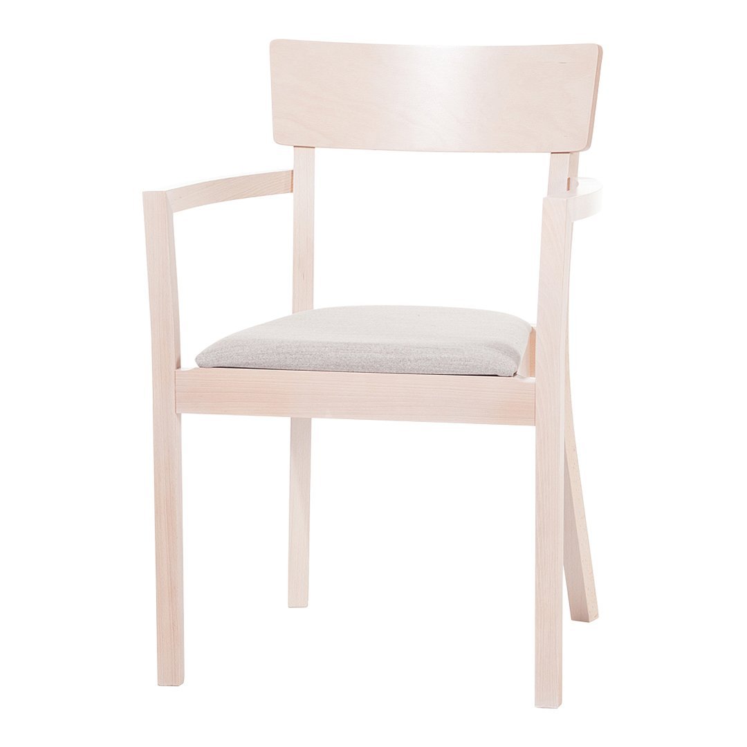 Light wood dining chair with a smooth finish and a soft gray upholstered seat. Simple, modern design.