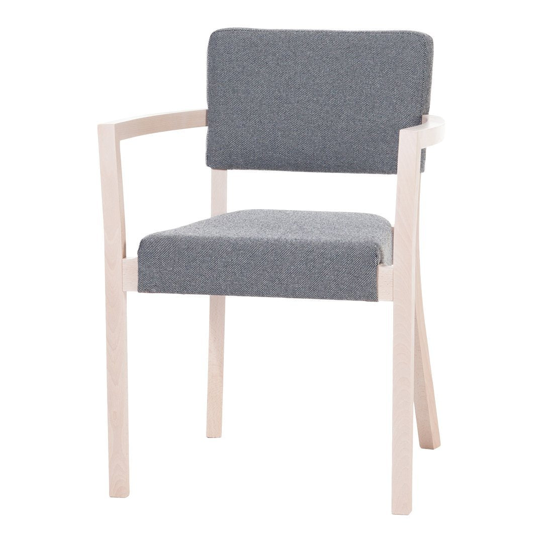 Gray upholstered chair with light wood frame and minimalistic design, featuring a solid color pattern.