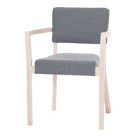 Gray upholstered chair with light wood frame and minimalistic design, featuring a solid color pattern.