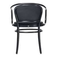 Black bentwood chair with a sleek, minimalist design, featuring a smooth, curved back and simple armrests.