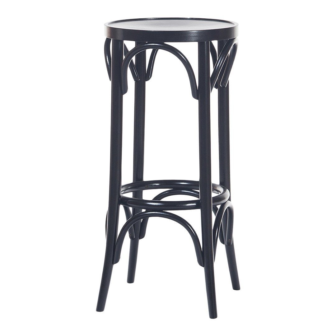 Black bar stool featuring a sleek design with smooth curves and minimalist pattern. Perfect for modern decor.