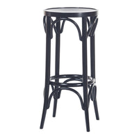Black bar stool featuring a sleek design with smooth curves and minimalist pattern. Perfect for modern decor.
