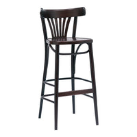 Dark wood bar stool with a slatted back design, showcasing a rich brown finish and clean, modern lines.