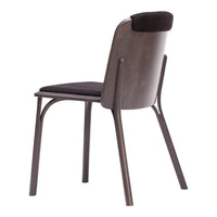 Dark wood chair with a sleek design and plush, deep brown upholstery. Minimalist and modern aesthetic.