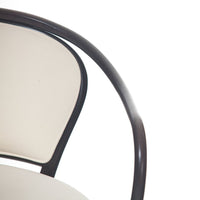 Modern beige chair with a sleek dark wood frame, featuring a smooth, minimalist design. Perfect for any decor.