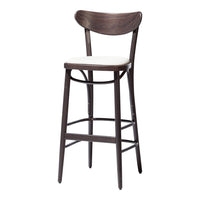 Brown wooden bar stool with a light-colored cushioned seat and curved backrest, featuring clean, modern lines.