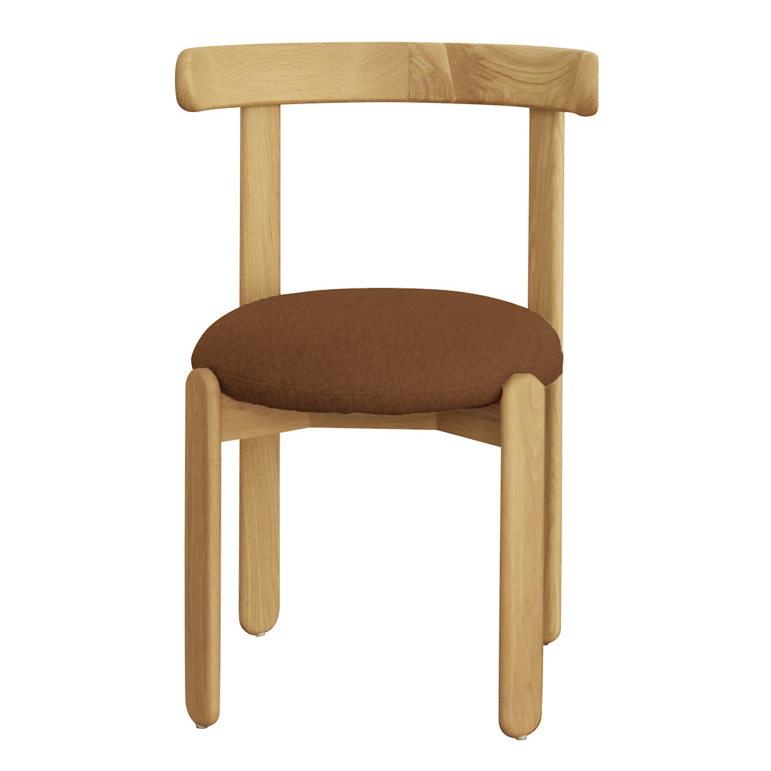 Natural wood chair with a curved back, featuring a brown upholstered seat for a modern, minimalist look.