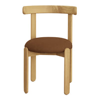 Natural wood chair with a curved back, featuring a brown upholstered seat for a modern, minimalist look.