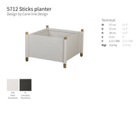 "Square white planter with wooden legs, featuring a minimalist design and a smooth finish."