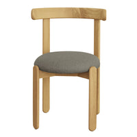 Natural wood chair with a light finish, featuring a round gray upholstered seat. Simple and modern design.
