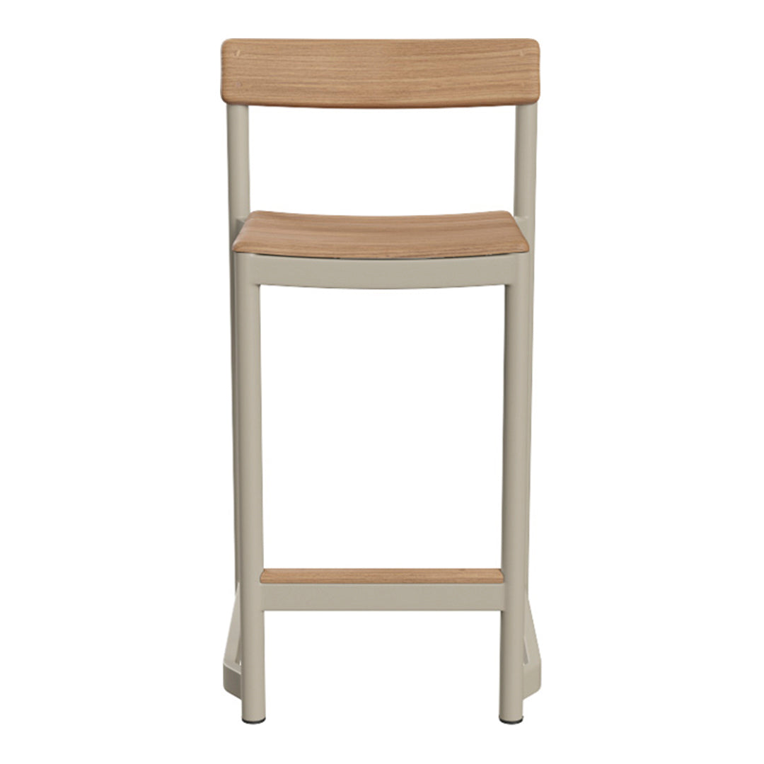 Beige metal bar stool with a natural wood seat and backrest, showcasing a minimalist design and warm tones.