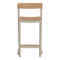 Beige metal bar stool with a natural wood seat and backrest, showcasing a minimalist design and warm tones.