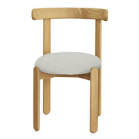 Natural wood chair with a light gray textured seat, minimalist design, and smooth clean lines.