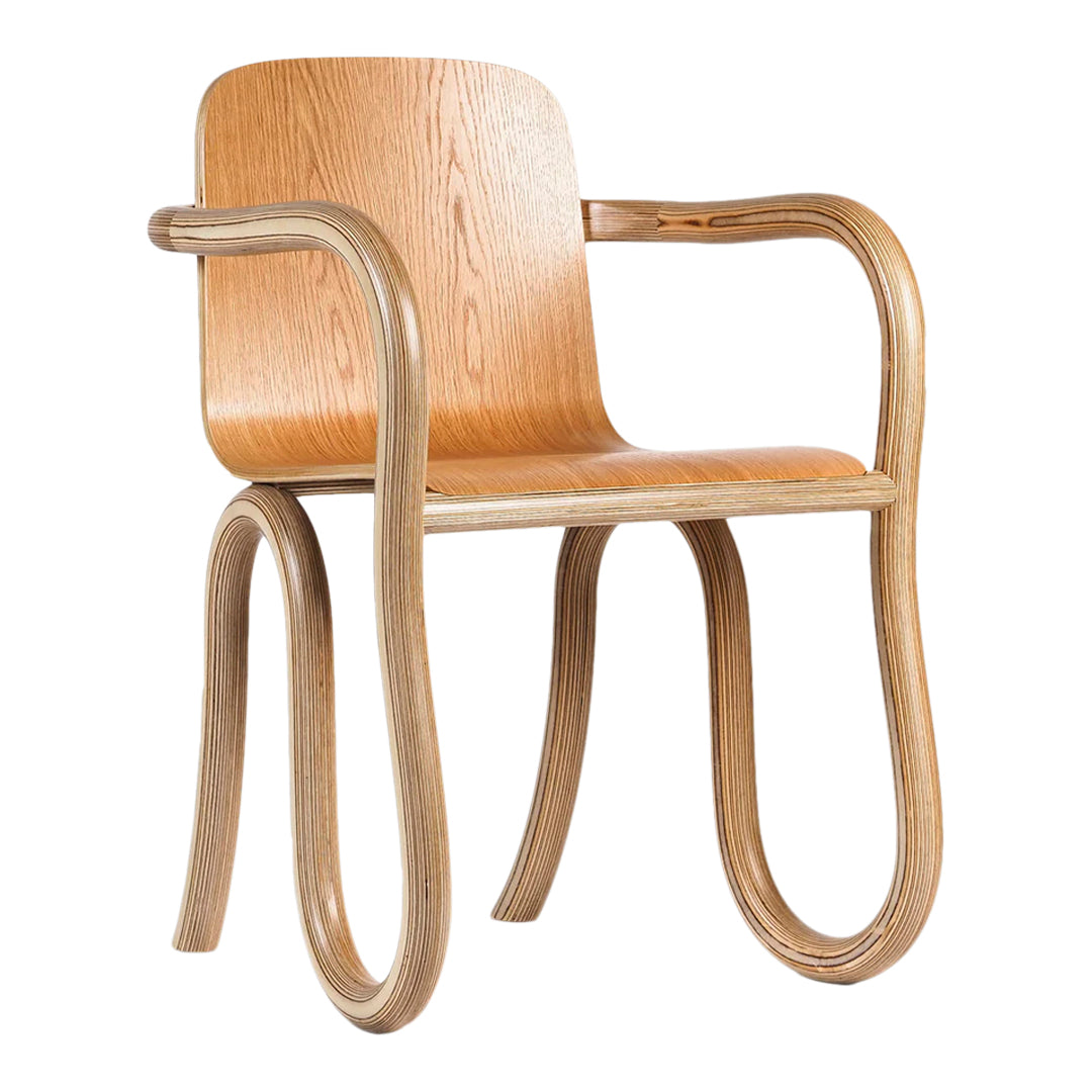 Light natural wood chair with smooth curves and a layered plywood design, featuring warm beige tones.