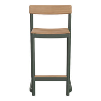 Green metal bar stool with natural wood seat, featuring a sleek, modern design. Perfect for contemporary decor.