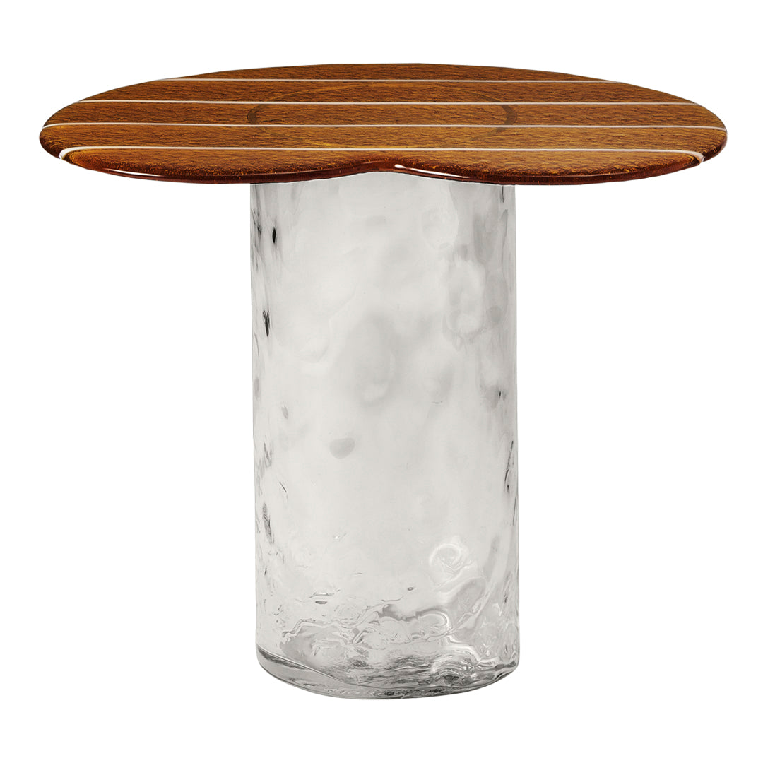 Natural wood table top with striped design over a textured clear glass base, showcasing earthy tones and organic patterns.