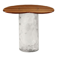 Natural wood table top with striped design over a textured clear glass base, showcasing earthy tones and organic patterns.