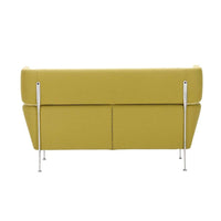 Yellow upholstered loveseat with a sleek, minimalist design and chrome legs, perfect for modern decor.