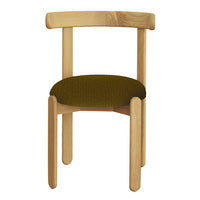 Wooden chair with a light natural finish and a textured olive green seat. Modern design with minimalistic lines.