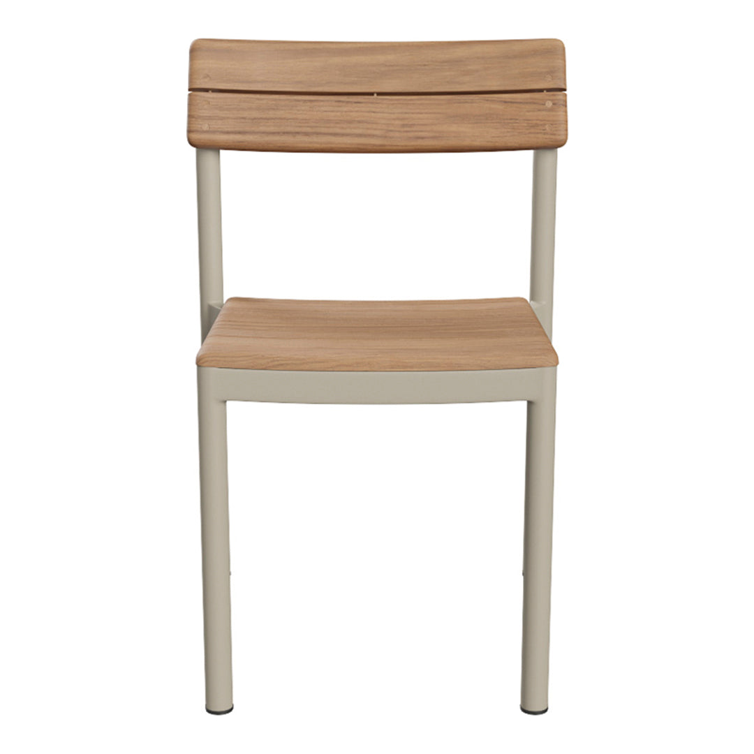 Wood finish seat with light beige metal frame, featuring a minimalist design suitable for modern decor.