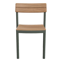 Wooden seat and backrest with natural grain; mint green metal frame for a modern look.