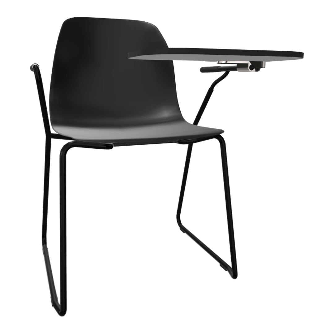 Black chair with a sleek design and a gray seat, featuring minimalist lines and a modern style.