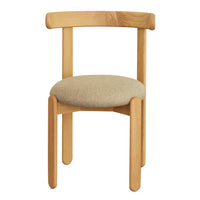 Light wood chair with a beige upholstered seat, featuring a minimalist design and smooth, natural finish.