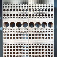 Patterned wooden panel featuring a mix of small and large circular cutouts in a light wood finish.
