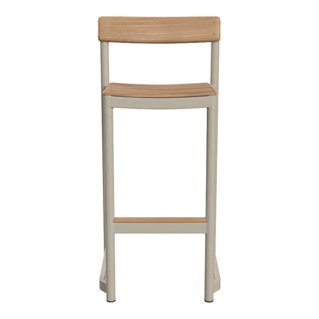 Beige bar stool with a natural wood seat, featuring a minimalist design and subtle earthy tones.