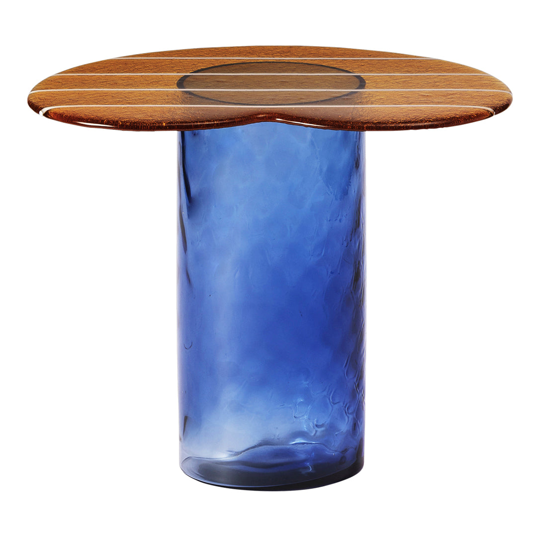 Modern round table with a natural wood top and a textured blue glass base. Perfect blend of earthy and cool colors.