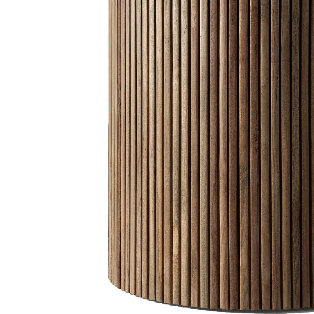 Natural wood finish with vertical striped texture, showcasing warm brown tones and a contemporary design.