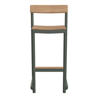 Green metal bar stool with a natural wood seat, featuring a minimalist design and a modern color palette.