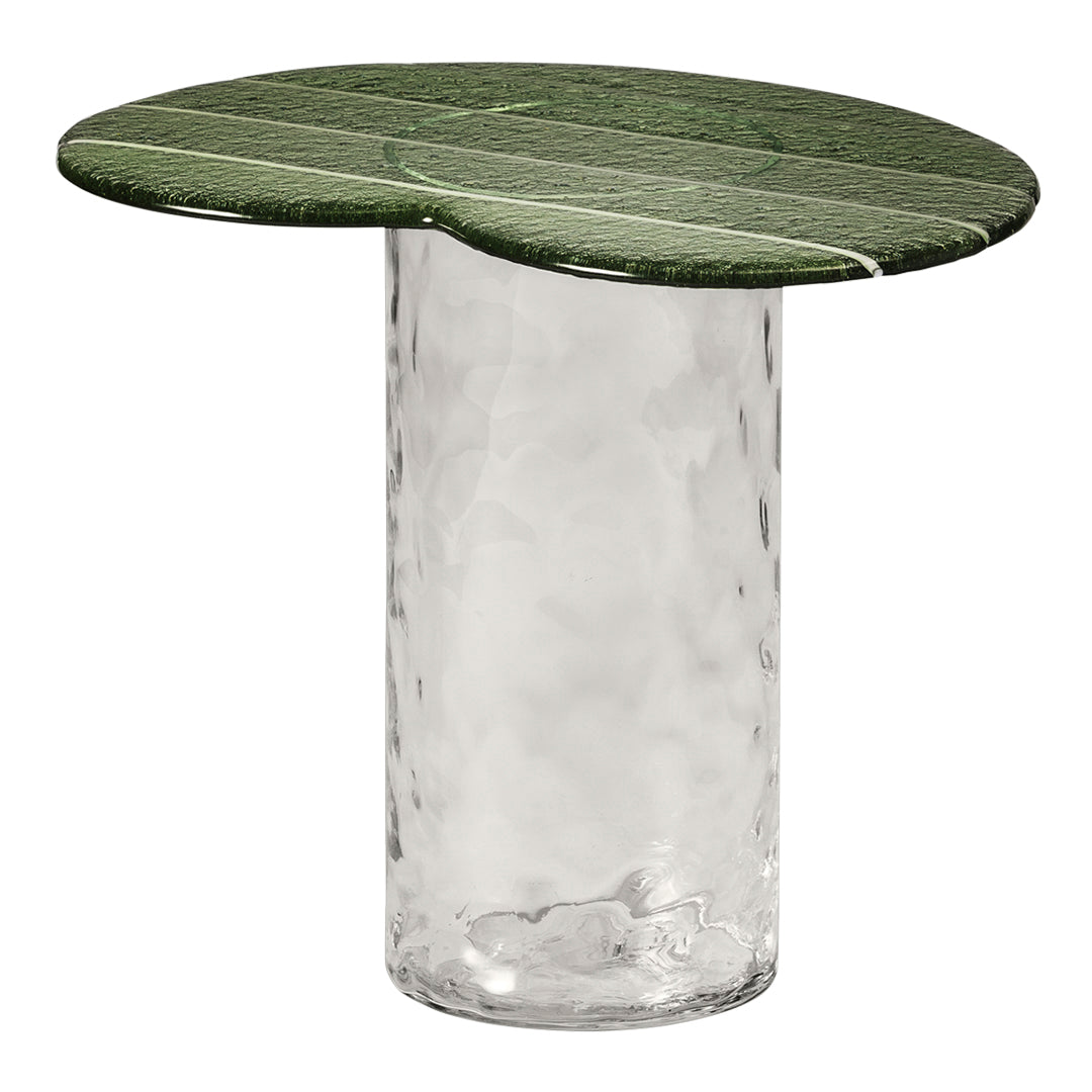 Green textured top with a glossy finish, paired with a clear, hammered glass base.