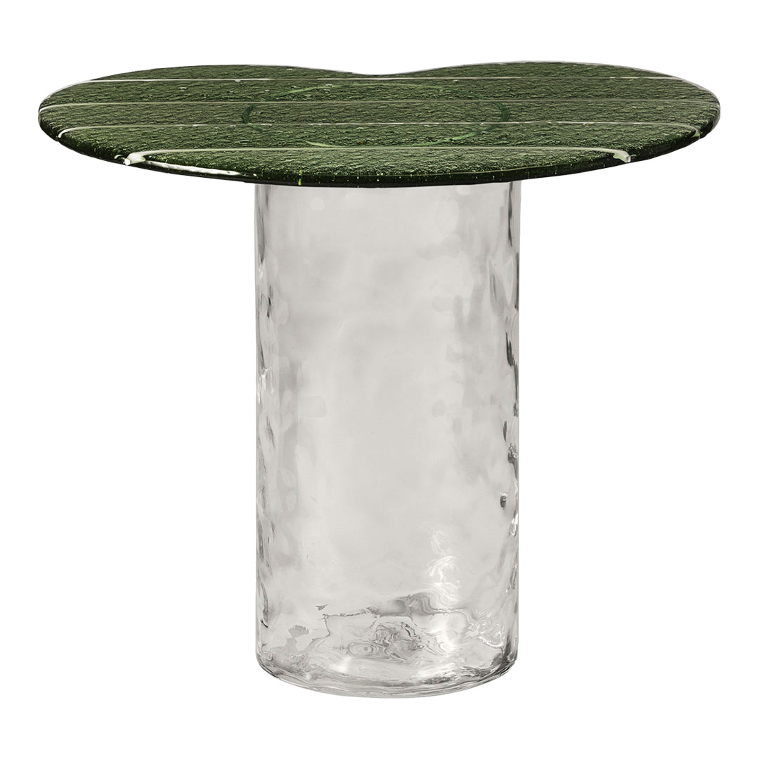 Green textured tabletop on a clear, hammered glass base, creating a stylish and modern look.