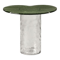 Green textured tabletop on a clear, hammered glass base, creating a stylish and modern look.