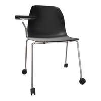 Black chair with a sleek design, featuring a shiny chrome frame and smooth rolling casters for modern functionality.