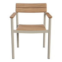 Wooden chair with natural beige seat and light gray metal frame; minimalist design with sleek, modern lines.