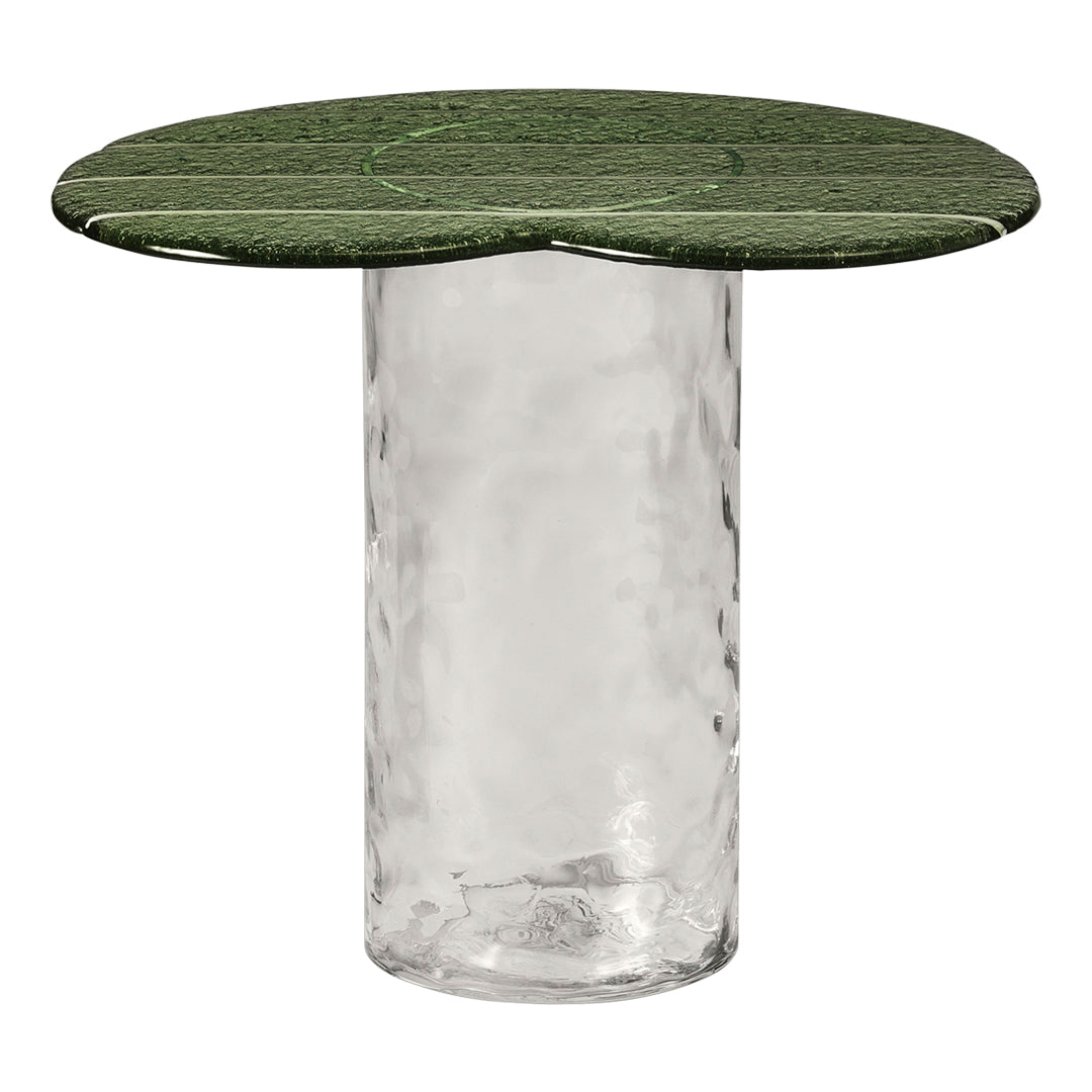 Green patterned tabletop with a textured clear glass base, creating a modern two-tone design.