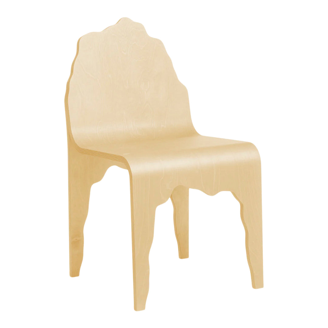 Light natural wood chair with a scalloped back, showcasing smooth grain and a minimalist design. Ideal for modern decor.